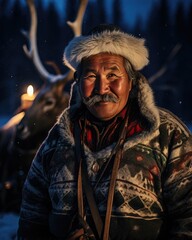 Obraz premium An old man with a deer head and a beard. Generative AI.