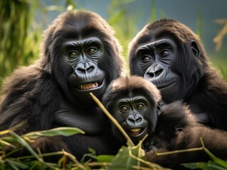Obraz premium Three gorillas are sitting together in the grass. Generative AI.