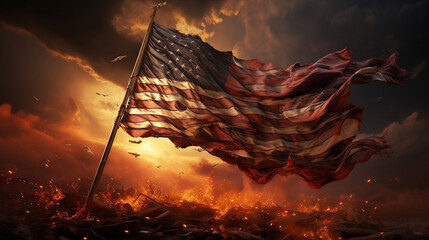 American Flag on fire - obrazy, fototapety, plakaty