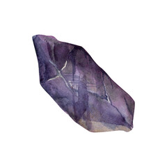 Hand drawn watercolor illustration precious semiprecious jewel gem crystal chakra birth stone. Amethyst fluorite purple. Single object isolated white background. Design print, shop, jewelry, fashion