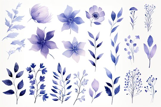 A collection of watercolor purple flower illustrations