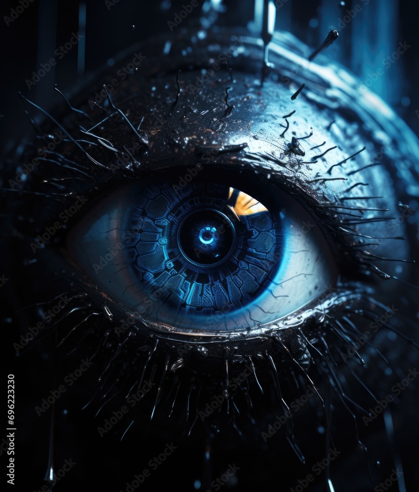 Poster A close up of a blue eye with a black background. Generative AI.