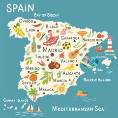 Spain map cartoon vector, European country geographic banner template, colorful illustration Spanish adventure, decorative travel card, sign attraction for design touristic poster, food background