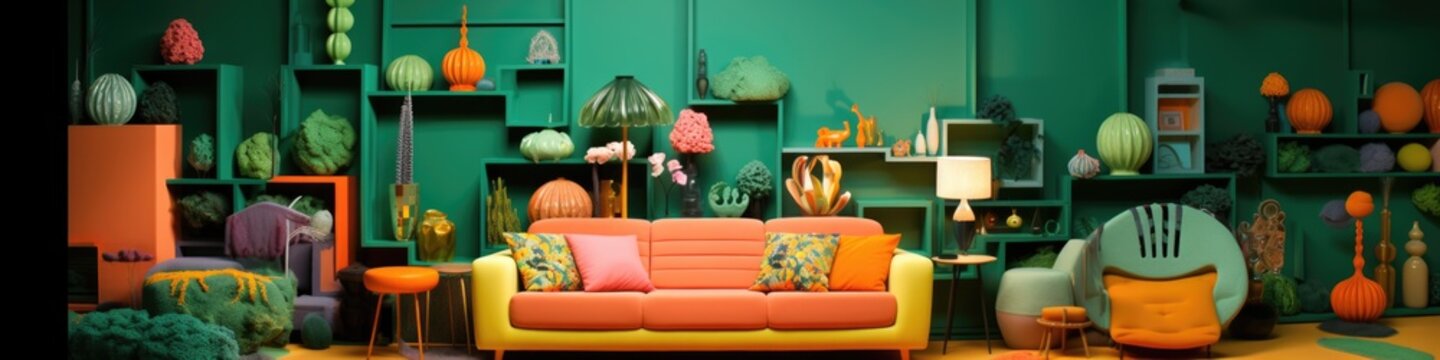 A colorful room with a couch and a shelf full of plants. Generative AI.