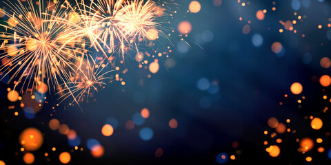 Gold and blue Fireworks and bokeh in New Year eve and copy space. Abstract background holiday.