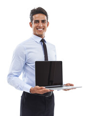 Portrait, business man and mockup on laptop screen in studio for deal, offer or sign up to...