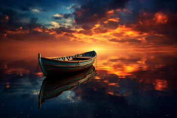 夕日が沈む湖に浮かぶ小さなボート