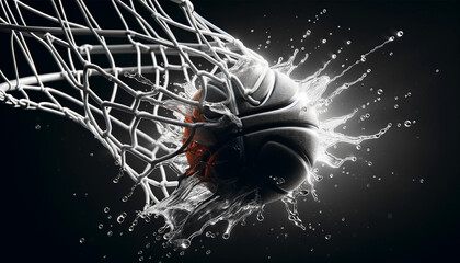 Closeup of a basketball hitting the net, creating a dynamic splash-like effect - Generative AI - obrazy, fototapety, plakaty