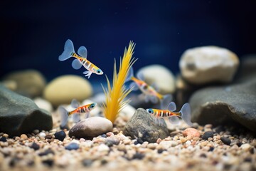 guppies with colorful tails near a gravel bed - obrazy, fototapety, plakaty