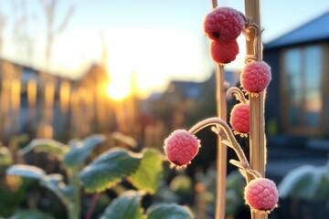 sun gleaming on frosty raspberry canes in a garden