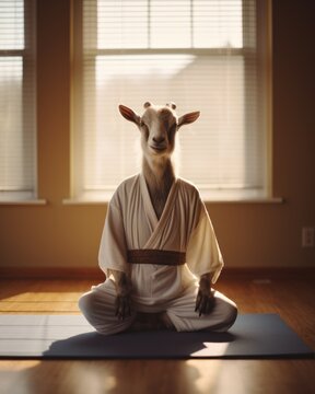 A goat dressed in a kimono sitting on a yoga mat. Generative AI.