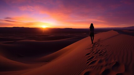 Fototapeta na wymiar A person walking across a desert at sunset. Generative AI.