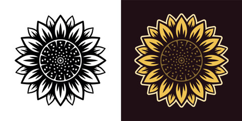 Sunflower vector object or graphic element in two styles black on white and colored