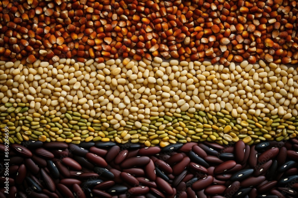 Poster a variety of beans and seeds are arranged in a row. generative ai.