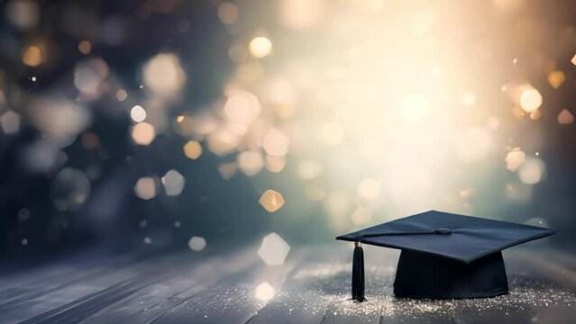 Graduation Cap on Wooden Stage with Sparkling Bokeh Background with Copy Space- Looping