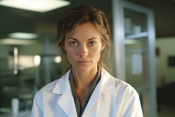 grumpy looking female doctor in lab coat. a woman medical professor with a stubborn look and a tricky personality. generative AI - obrazy, fototapety, plakaty