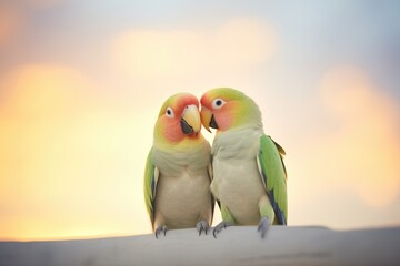 lovebirds in a gentle peck facing sunset sky
