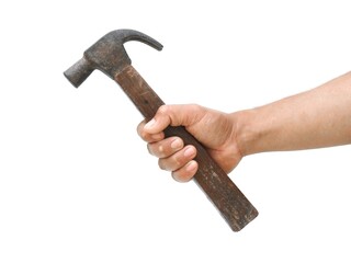 A male carpenter's hand is holding an old wooden-handled hammer used for hammering in woodwork.  Isolated on a white background.