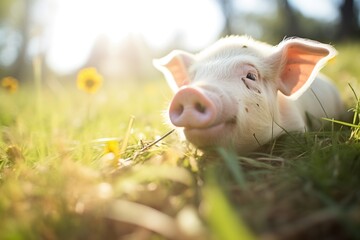 pig rooting for food in sunny pasture