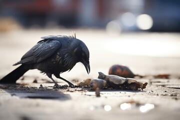raven pecking at shiny objects on the ground - obrazy, fototapety, plakaty