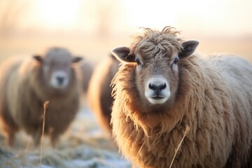 group of woolly sheep close-up in frosty field - obrazy, fototapety, plakaty