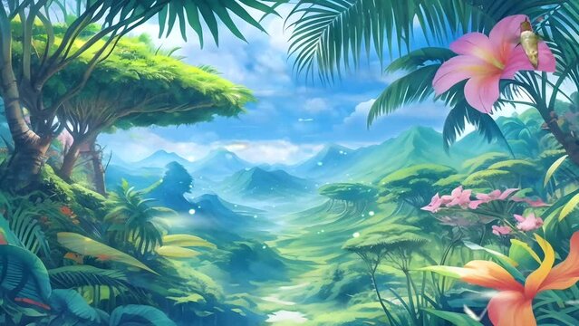 Beautiful landscape of tropical rainforest in fantasy style. Liquid paint anime landscape illustration. Seamless looping 4K time-lapse virtual video animation background.