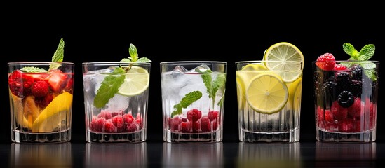 Fruit-infused beverages with ice, blackberries, raspberries, gooseberries, currants, mint, water, and citrus.