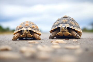 tortoise overtaking another on a sandy path