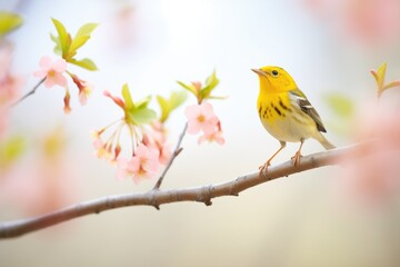 warbler singing atop a flowering dogwood