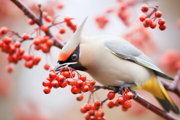 waxwing tugging on ripe cluster of mountain ash berries - obrazy, fototapety, plakaty
