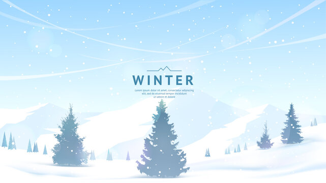 A snowy winter day. Fir trees in snowdrifts, mountains covered with snow, clear blue sky. Snowfall. Design for banner, background, wallpaper, postcard. Concept of tourism, hiking. Vector image.