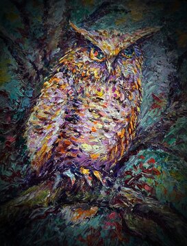 Art painting Oil color owl in forest	