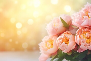 bouquet of pink peonies on a peach background with bokeh, space for text, greeting card, spring.
