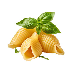 Conchiglie rigate pasta with basil isolated on transparent background