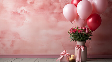 Valentine's Day Floral Bouquet with Pastel Pink Balloons - on Textured Vintage Backdrop - With Copy Space - Romantic Flower Bunches Background