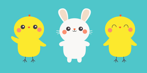 Naklejka premium Chicken bird, bunny set line banner. White rabbit chick head. Egg shape. Happy Easter. Cute cartoon kawaii baby character. Funny face with pink cheeks. Farm animal. Blue background. Flat design