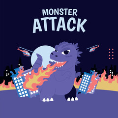 Cute lizard monster invasion attack scene with helicopter and city flames illustration