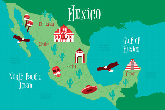 Mexico map with hand drawn style illustration