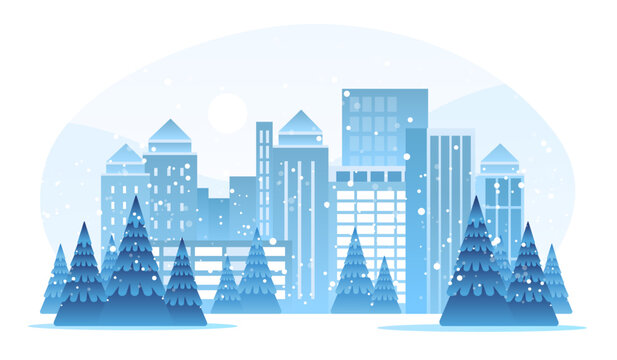 snowy city street with fir trees and buildings urban cityscape background horizontal