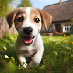 A lovely  puppy plays in a garden