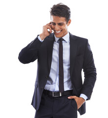 Business man, phone call and laugh in studio for communication, consulting and talking to contact on white background. Happy corporate worker, mobile networking and feedback of funny conversation