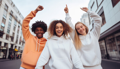 Group of diverse teenagers wearing white hoodies stand together raising hands in excitement, smiling looking at camera, apparel mockup, young boy and girls, street fashion photo