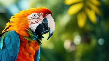 Fototapeta premium A vibrant, colorful macaw parrot perched in the park
