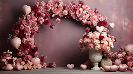 Beautiful Valentine's Day Flowers Arranged in Archway/Arched Backdrop - On Textured, Pink Pastel Backdrop - Romantic Aesthetic