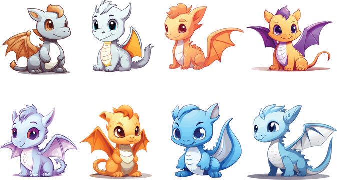 Set of chibi dragon for stickers. Vector bundle of cute dragon for kids illustration