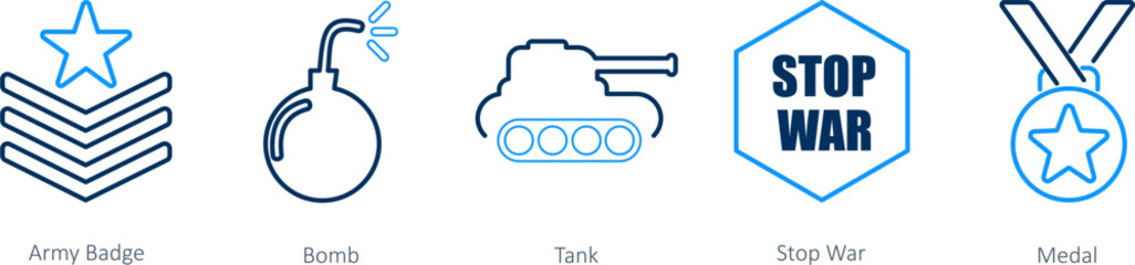 A set of 5 Mix icons as army badge, bomb, tank