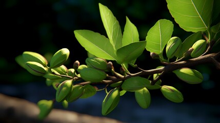 Obraz premium Branch of magnolia tree with green leaves on blurred background.