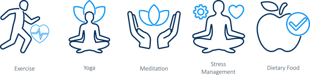 A set of 5 Mix icons as exercise, yoga, medidation