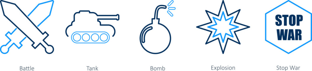 A set of 5 Mix icons as battle, tank, bomb