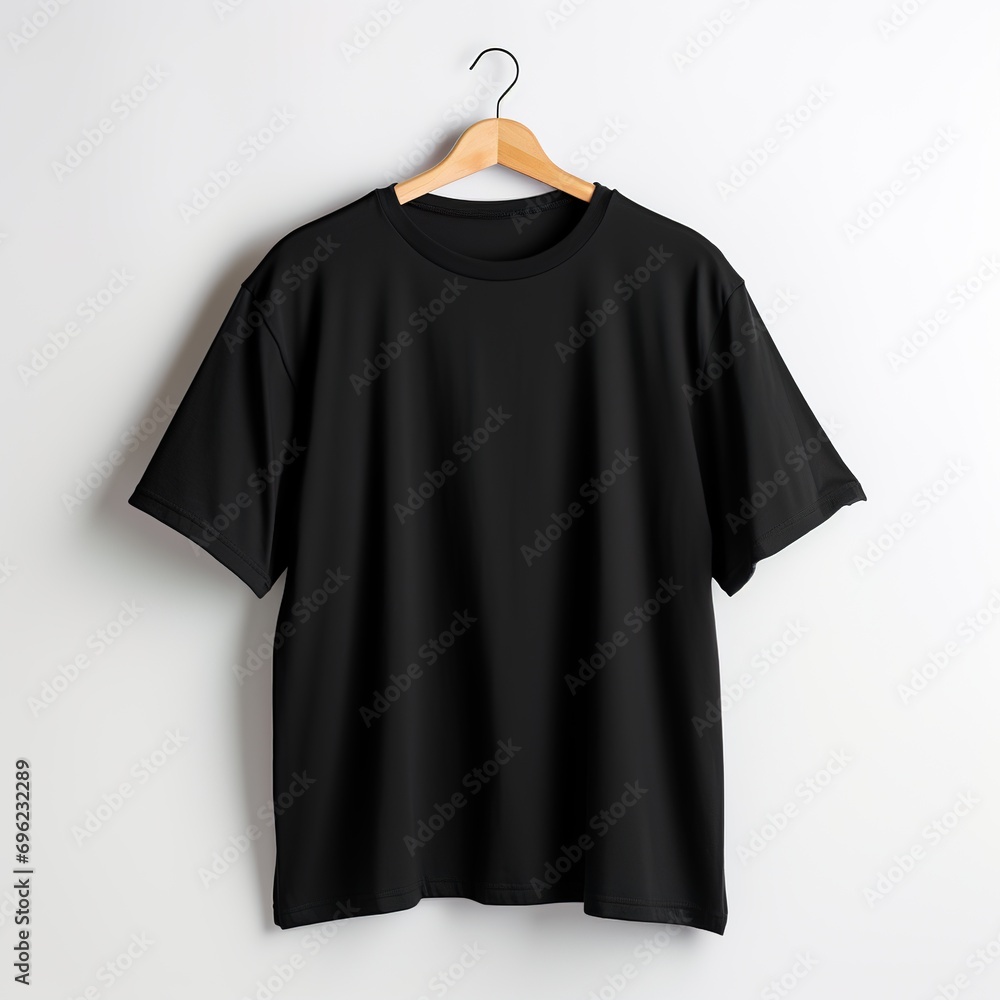 Wall mural Men's women's oversized black blank t-shirt template, natural shape on hanger, for your design or brand layout, isolated on white background.